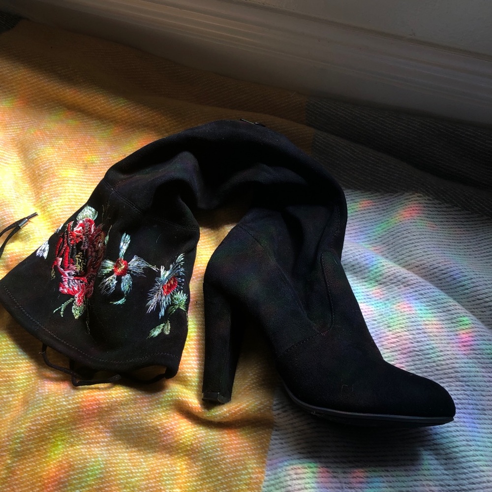 Black embroidered knee high boots